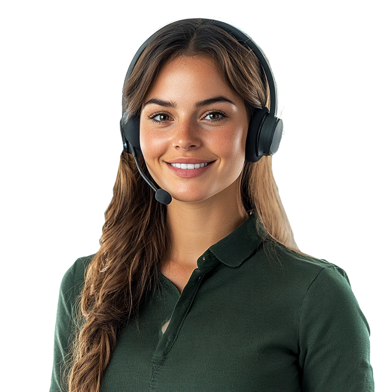 A smiling female customer support agent with long brown hair, wearing a dark green shirt and a headset with a microphone