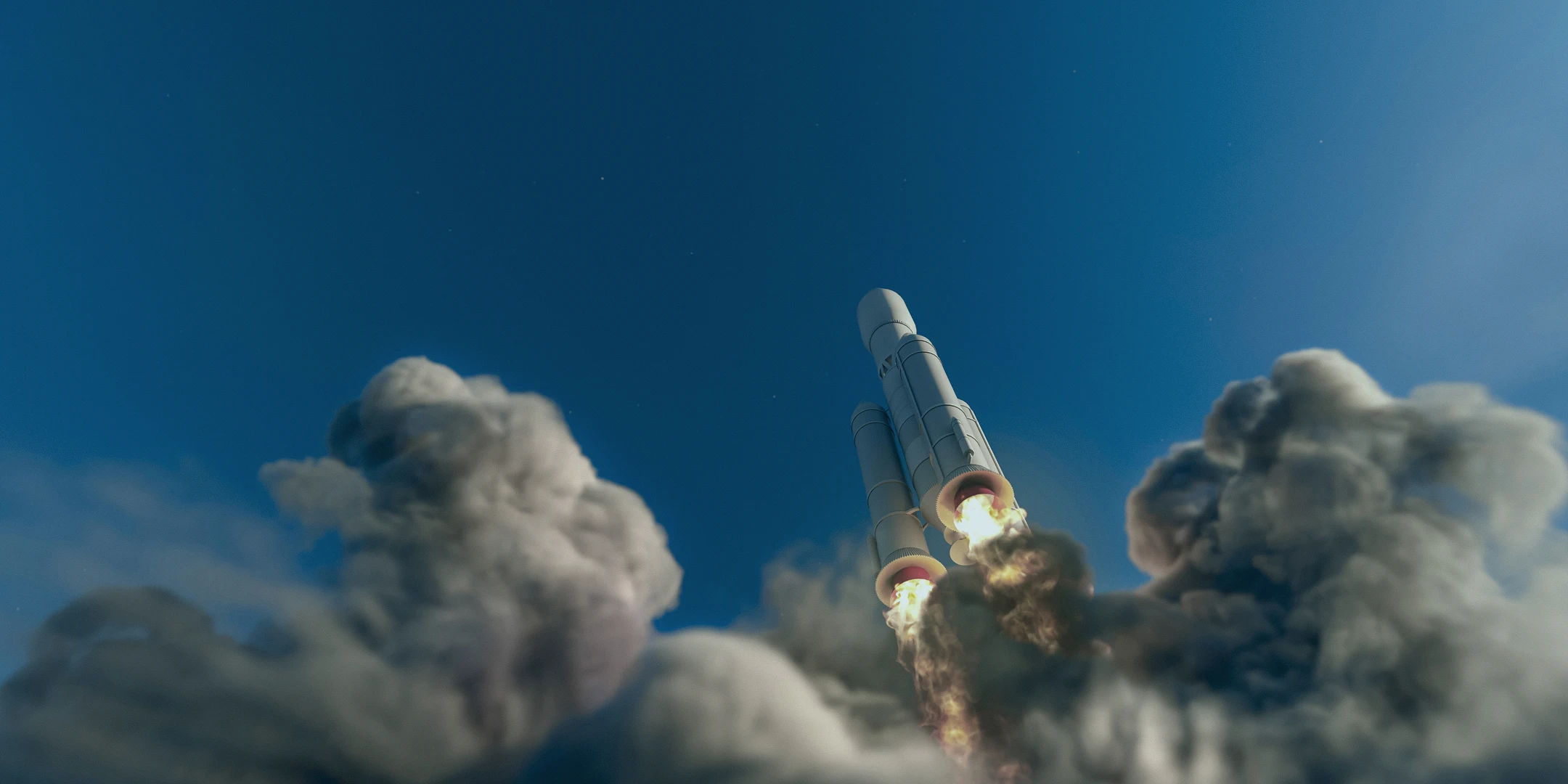A rocket launching through clouds against a blue sky.