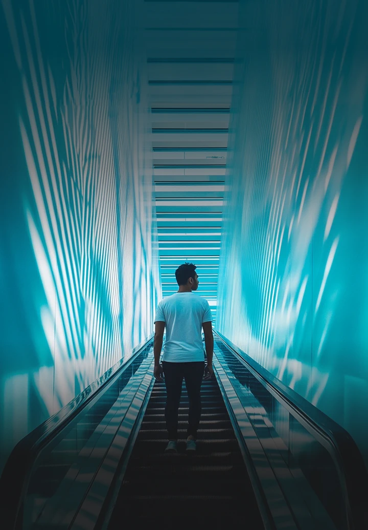 A man in a white t-shirt and black pants stands on an escalator, looking toward a wall illuminated by blue light and shadows.