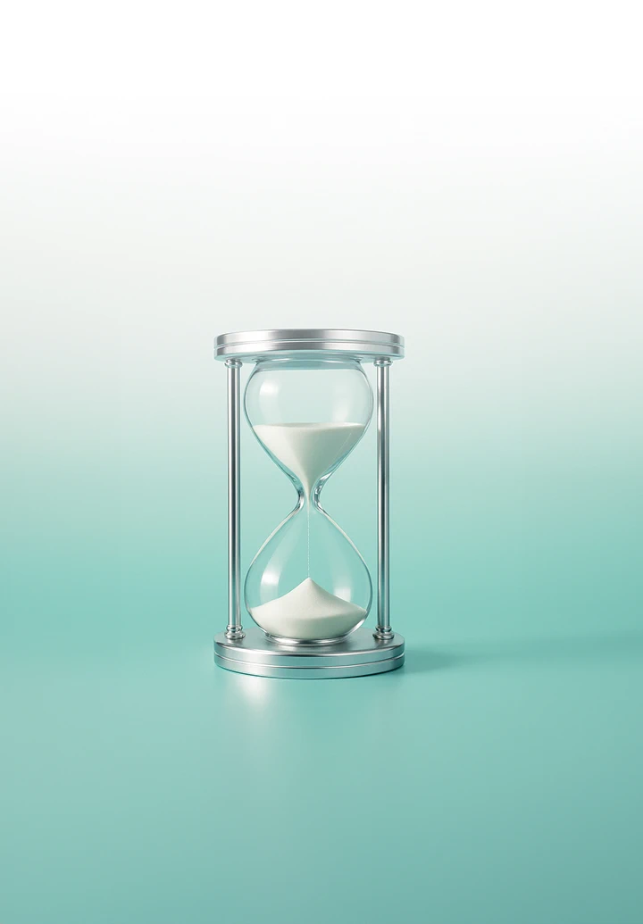 An hourglass with a silver frame and white sand, on a light blue-green background.