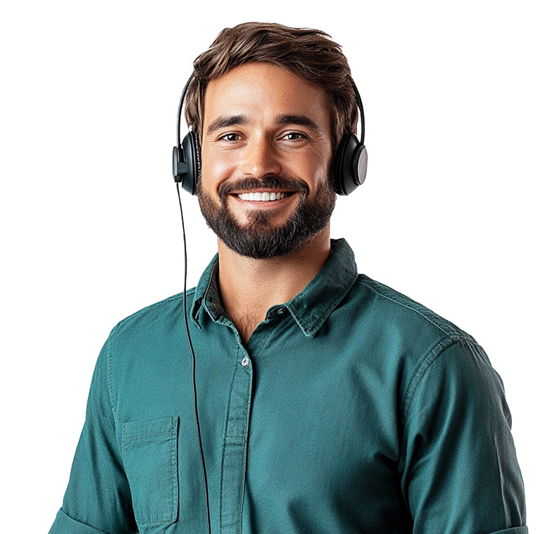 A smiling male customer support agent with brown hair and a beard wears over-ear headphones and a green collared shirt