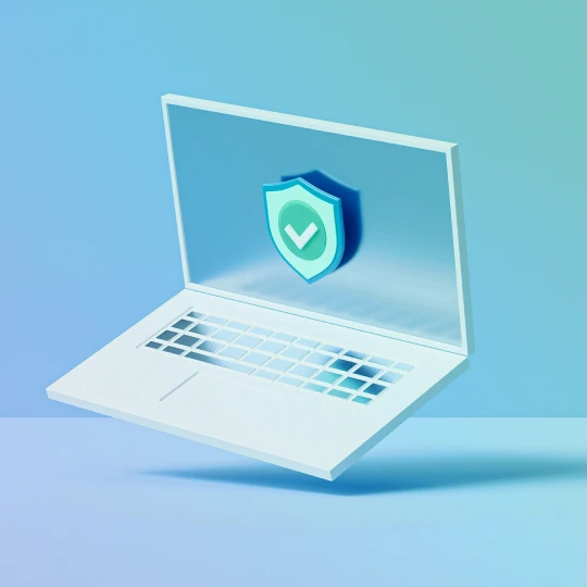 3D illustration of a laptop with a shield and checkmark icon on the screen, symbolizing cybersecurity or data protection.