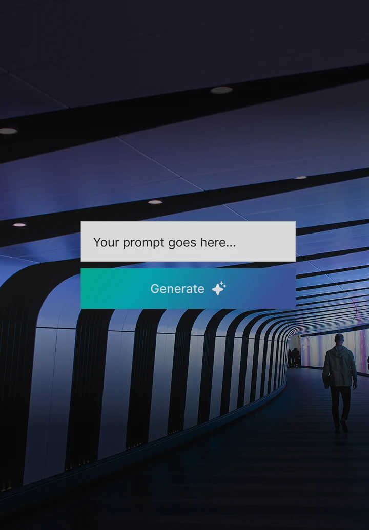 AI interface over a curved architectural tunnel with striped walls illuminated in blue, and people visible in the distance.