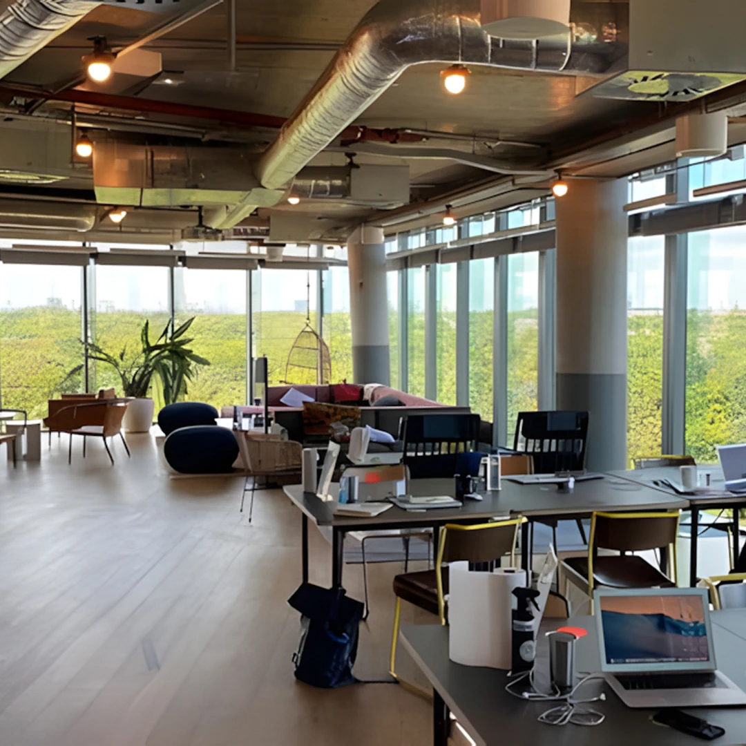 Modern open office space with desks, lounge area, and green view.