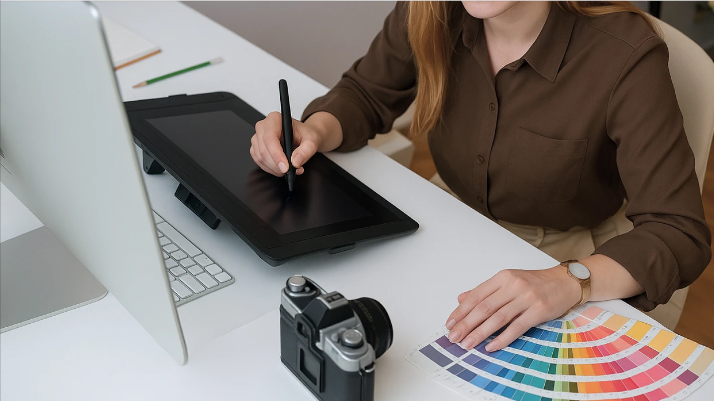 A woman with long dark hair, wearing a brown blouse, working at a white desk and using a stylus on a drawing tablet. A computer, camera, and color swatches are nearby.