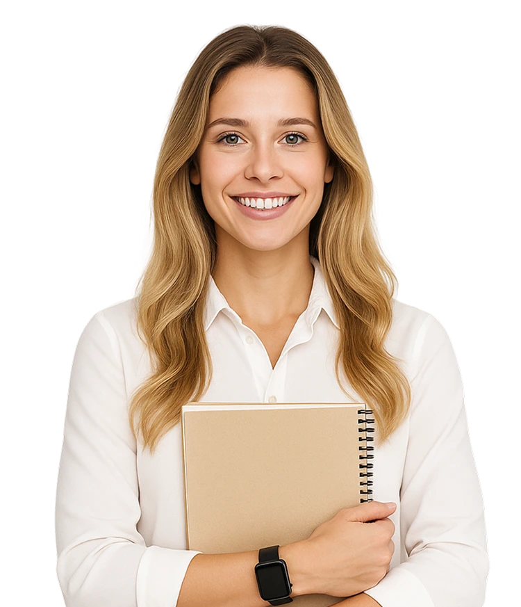 Smiling woman holding a notebook in a modern office, representing customer support services
