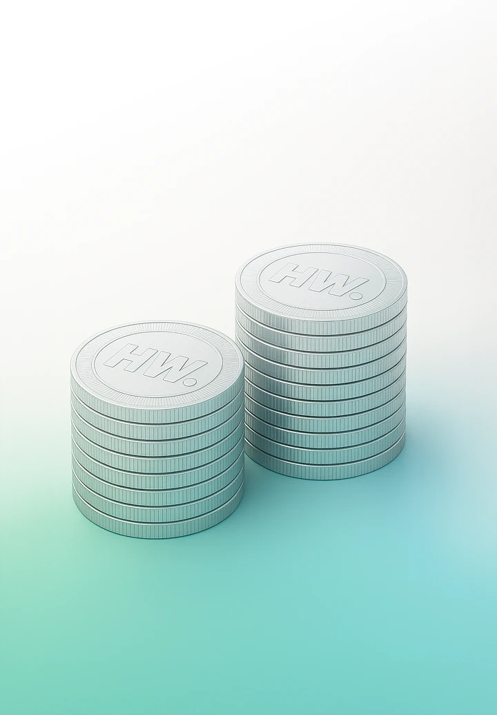 Two stacks of silver coins, each with the "HW" logo, on a blue and white gradient background.