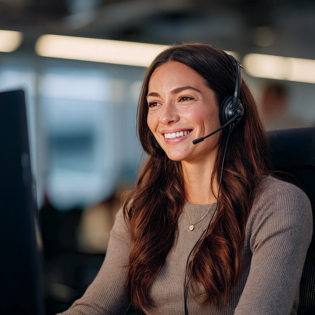 Friendly and professional female customer support agent with long black hair, smiling while assisting clients in a San Francisco call center