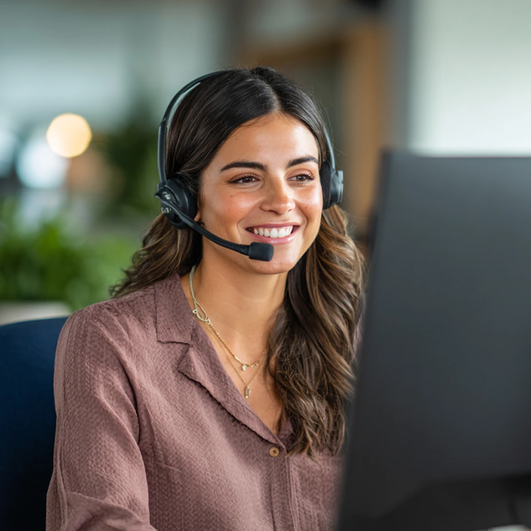 Cheerful female call center agent in Miami wearing a headset and smiling during a call