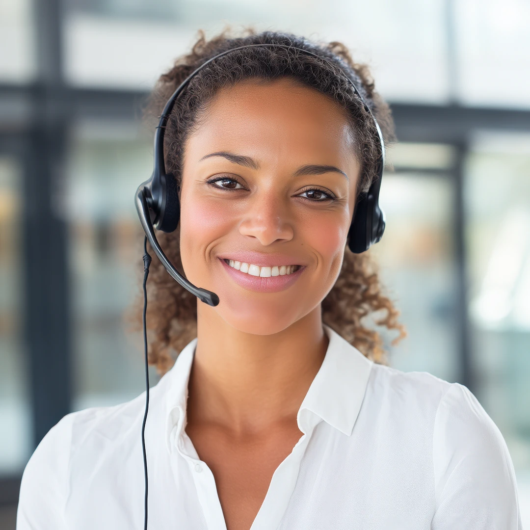 Friendly female customer service representative with curly black hair and headset, wearing a white blazer