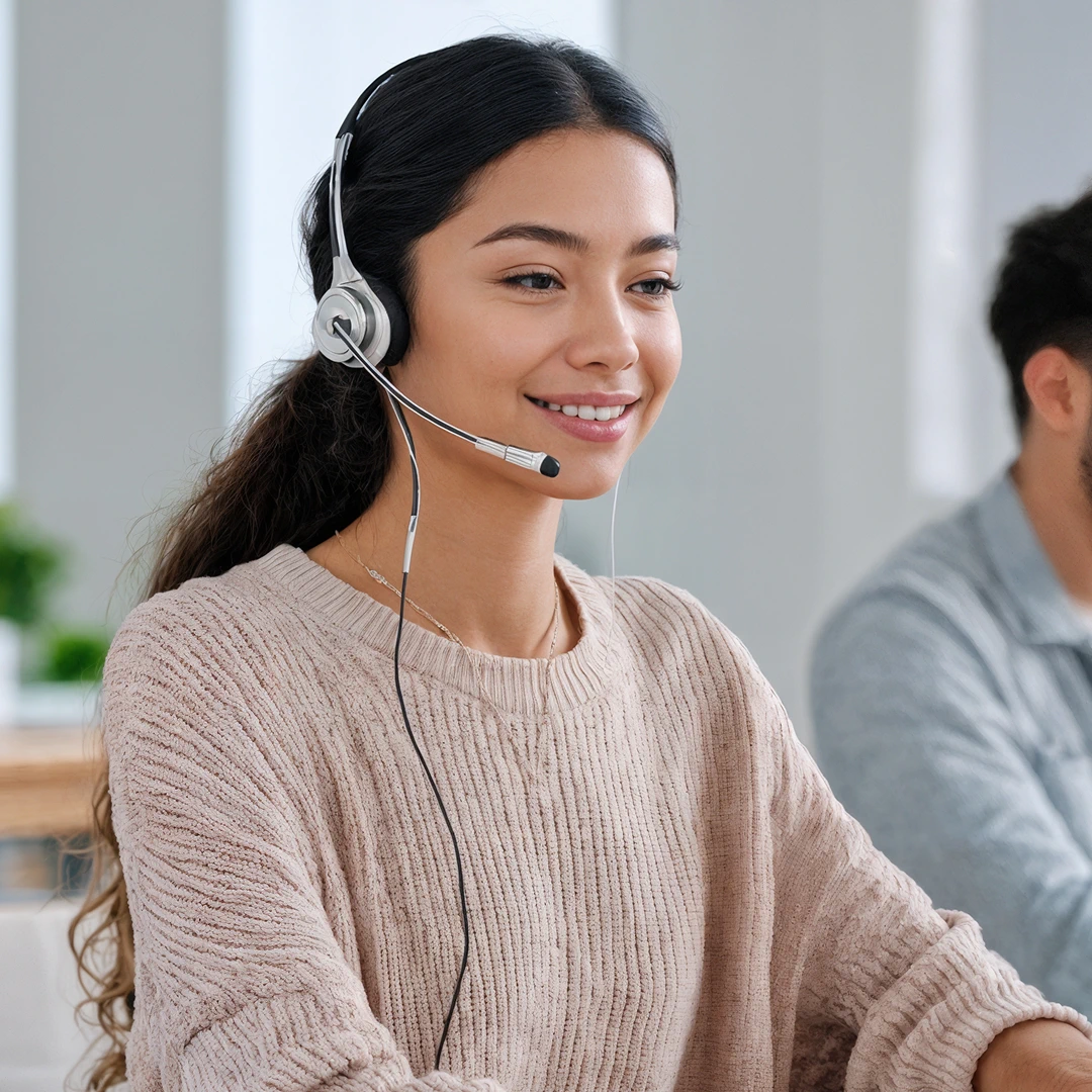 A focused customer support agent, wearing a headset, is actively providing assistance