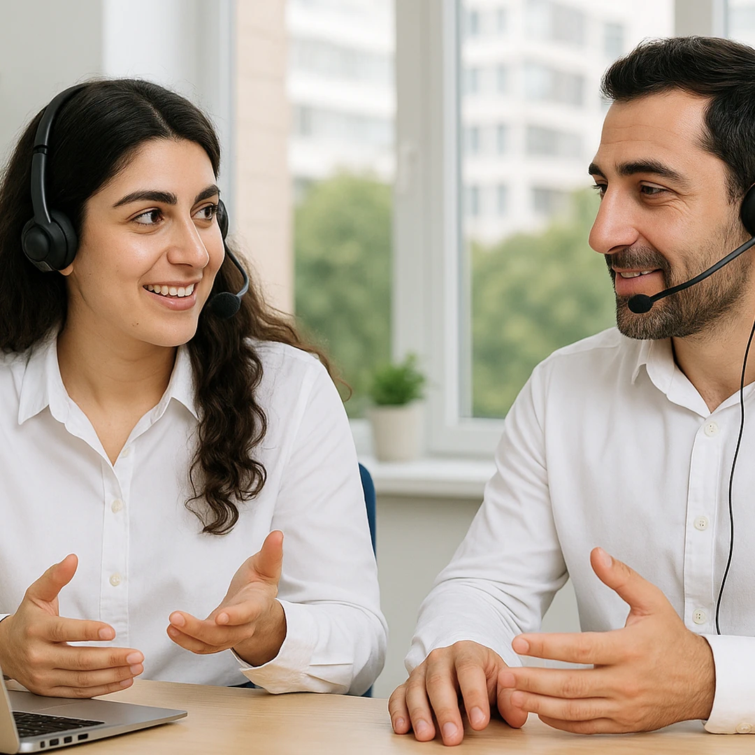 A man and a woman wearing white shirts, customer support representatives in Georgia, are talking with each other in a bright, modern office.