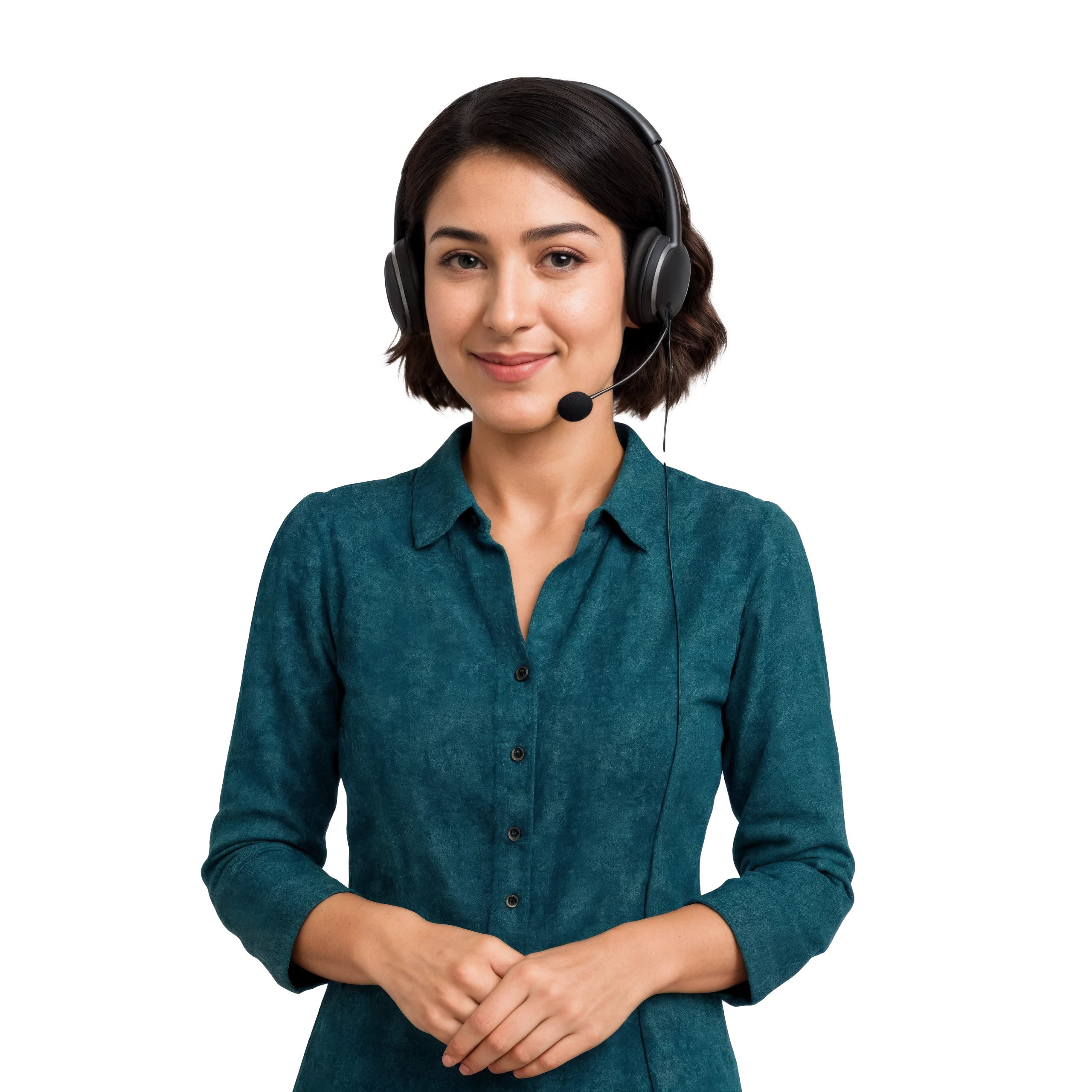 A smiling female customer support representative with a short hairstyle, wearing a dark green blouse and a headset