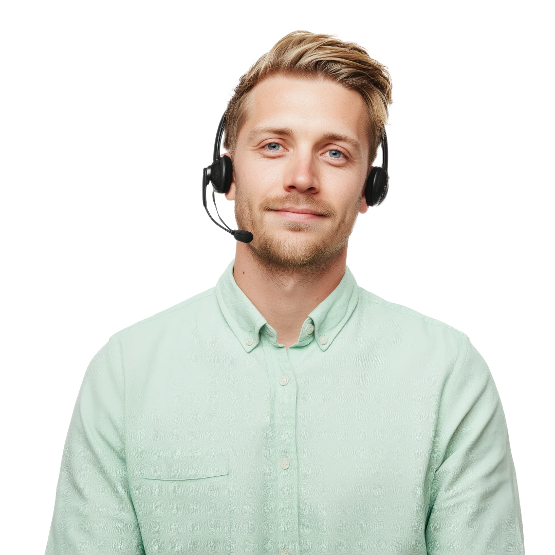 Friendly customer support agent with blond hair and blue eyes wearing a headset and a light green button-down shirt