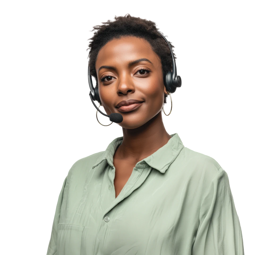 Friendly female customer support agent with short curly hair and gold hoop earrings, wearing a headset and a light green shirt