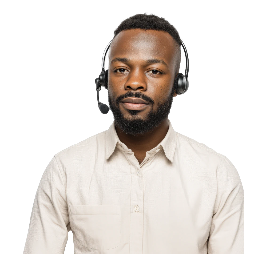 Focused male customer support agent with curly short black hair and beard, wearing headset and light button-down shirt