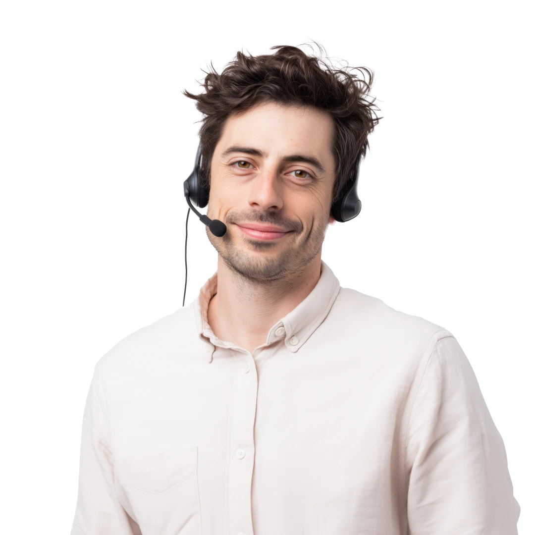 Smiling customer support agent with dark hair, wearing a black headset and a light pink button-down shirt