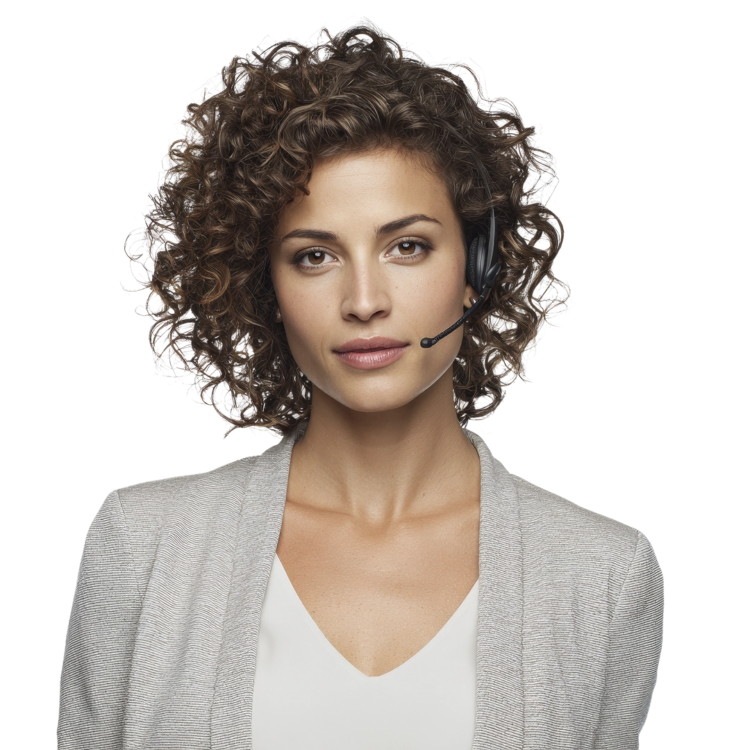 Professional customer service representative with curly brown hair, wearing a headset and a gray jacket