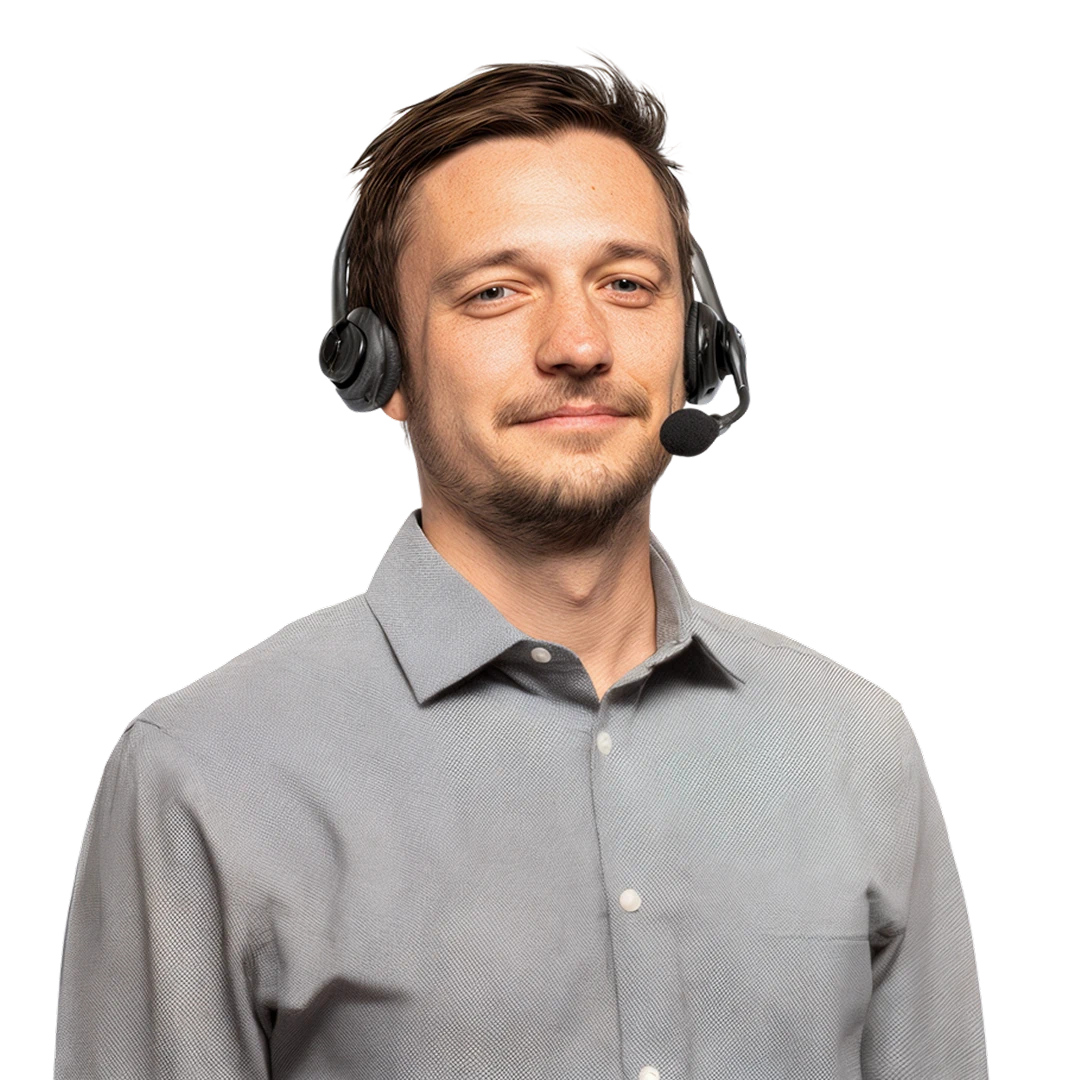 Friendly customer support agent with short brown hair, wearing a black headset and light grey shirt