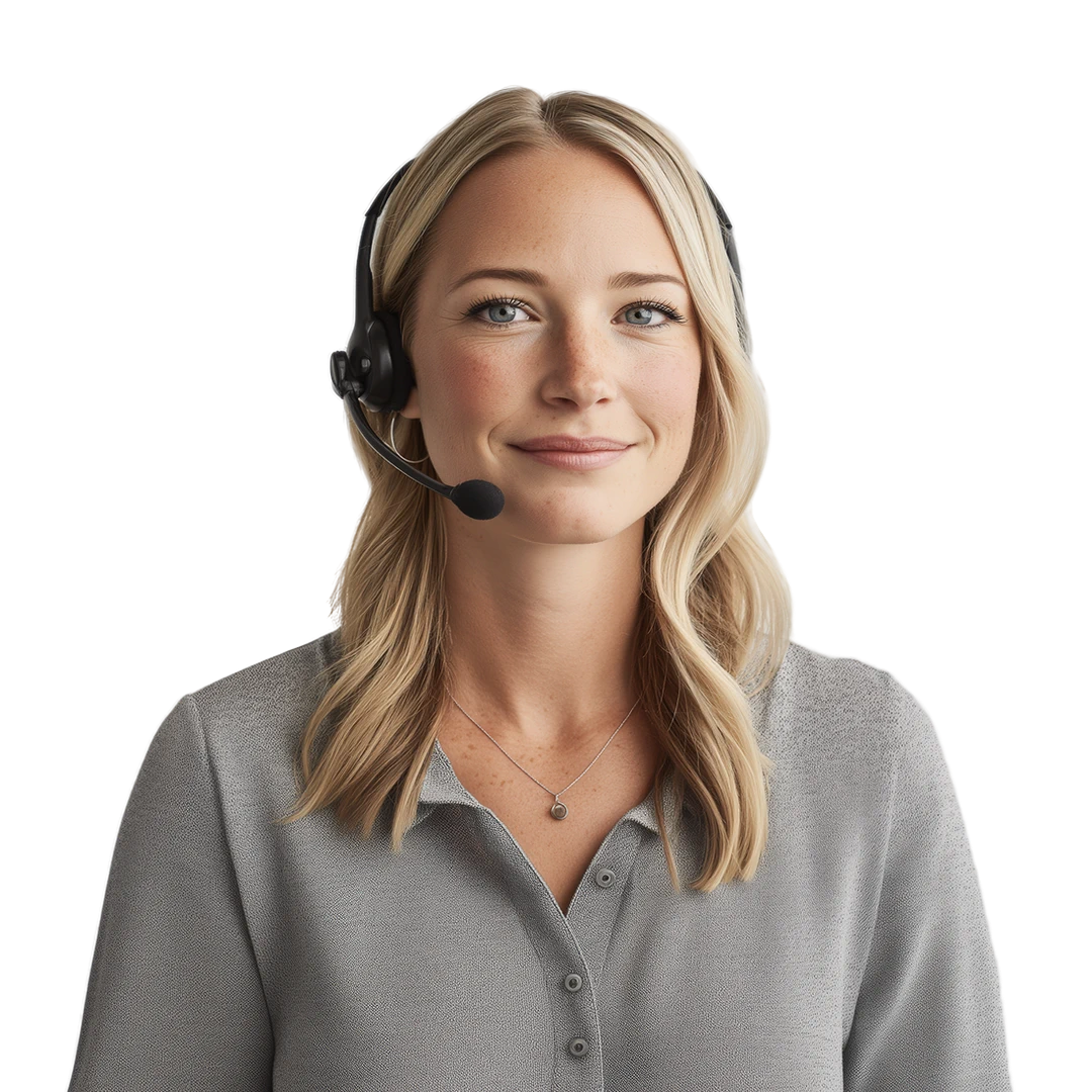 Smiling female customer support agent with long blonde hair, blue eyes, wearing a grey blouse and headset