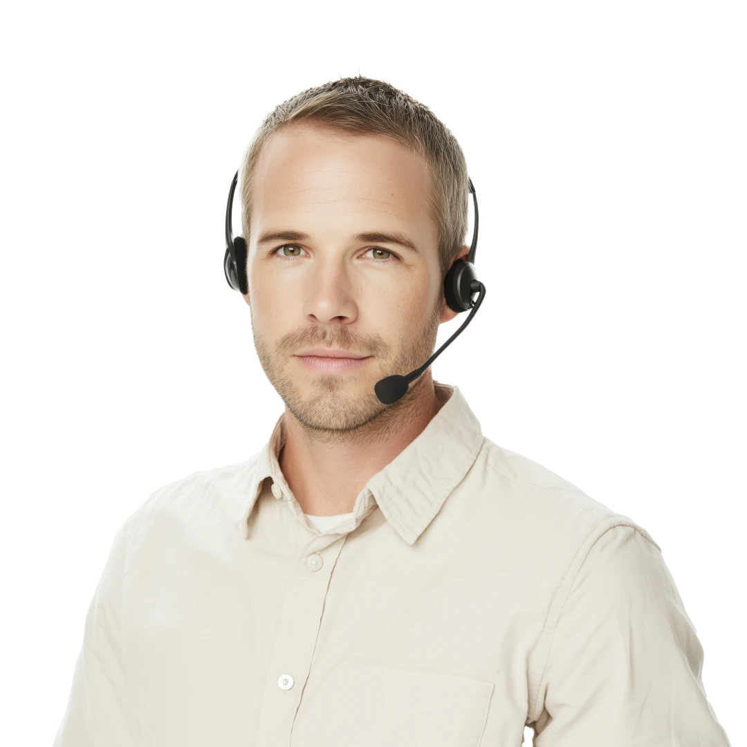 Serious male customer service representative with short white hair, wearing a white shirt and headset