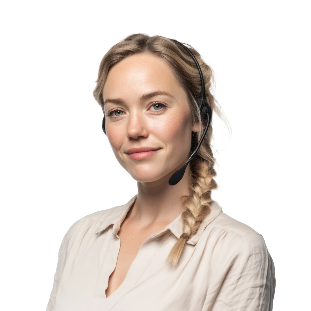 Smiling blonde-haired female customer support representative wearing white blouse and headset