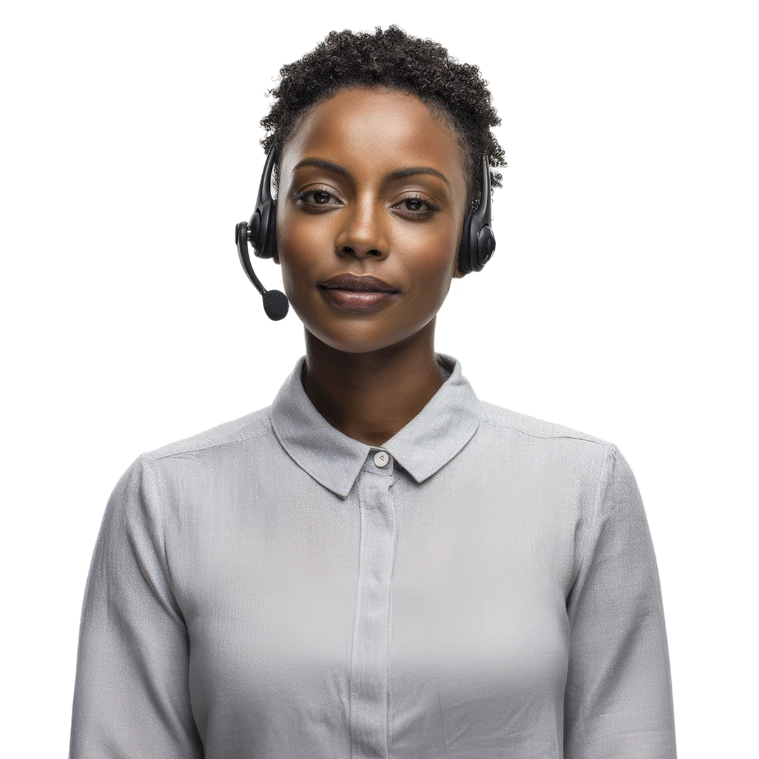 Professional female customer support representative with short curly hair wearing a grey blouse and headset