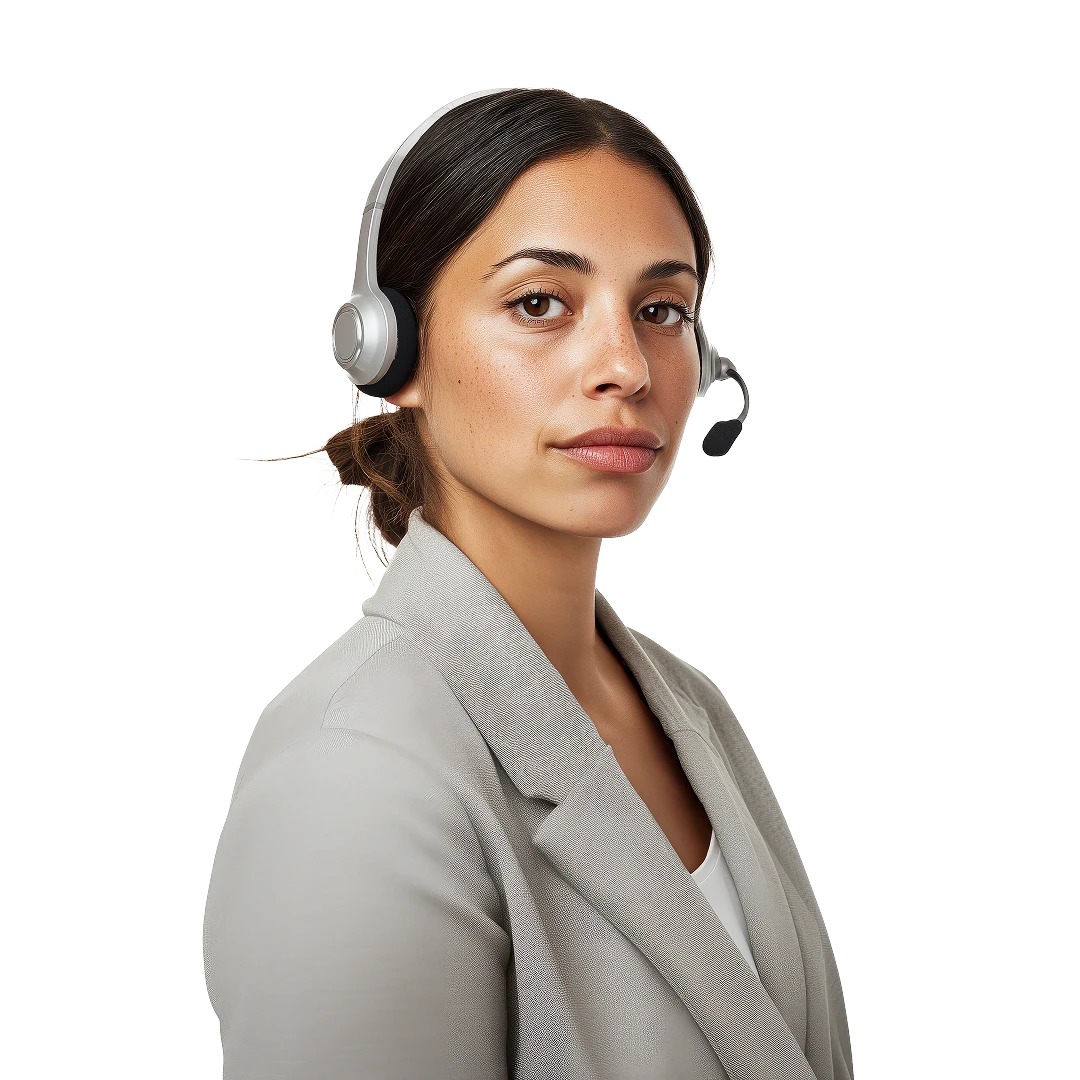 Professional customer service representative wearing a gray blazer and a headset