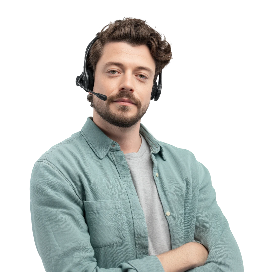 Customer support agent with wavy brown hair and a beard, wearing a black headset and a teal button-down shirt over a gray t-shirt