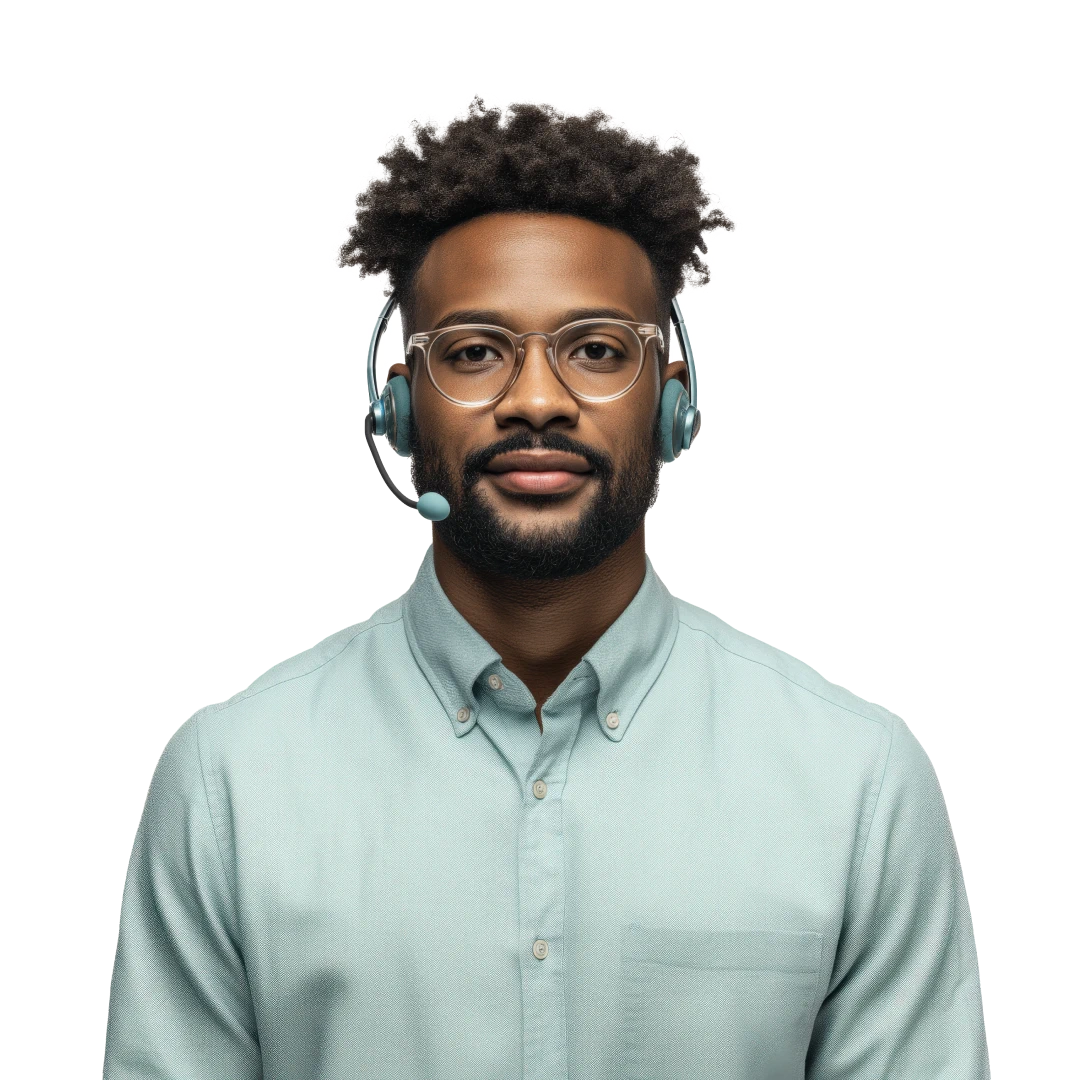 Friendly and helpful customer service representative wearing a light green shirt and a headset