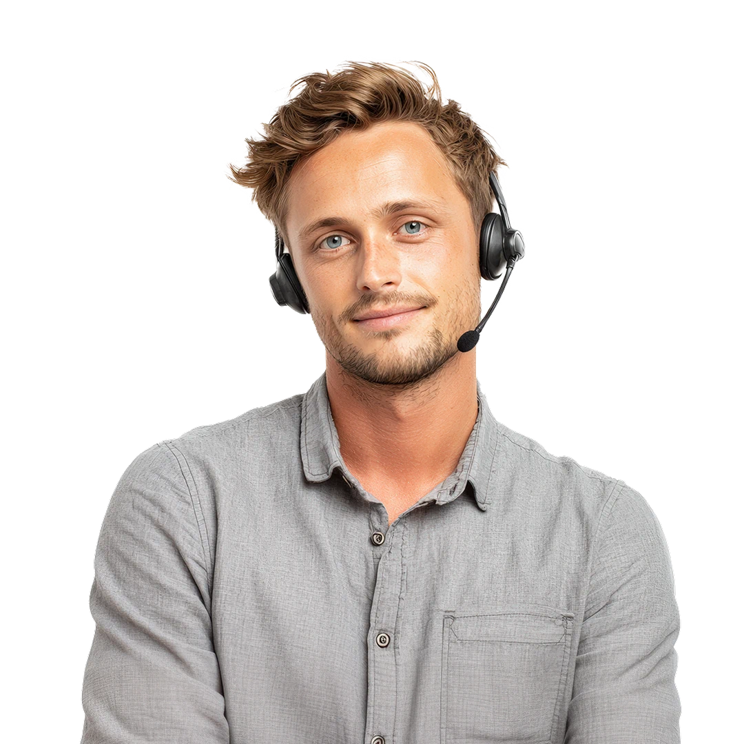 Friendly customer support agent wearing a grey button-down shirt and a headset