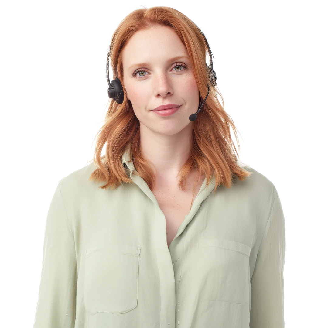 Friendly female customer support representative with auburn hair, wearing a light green button-up shirt and a headset