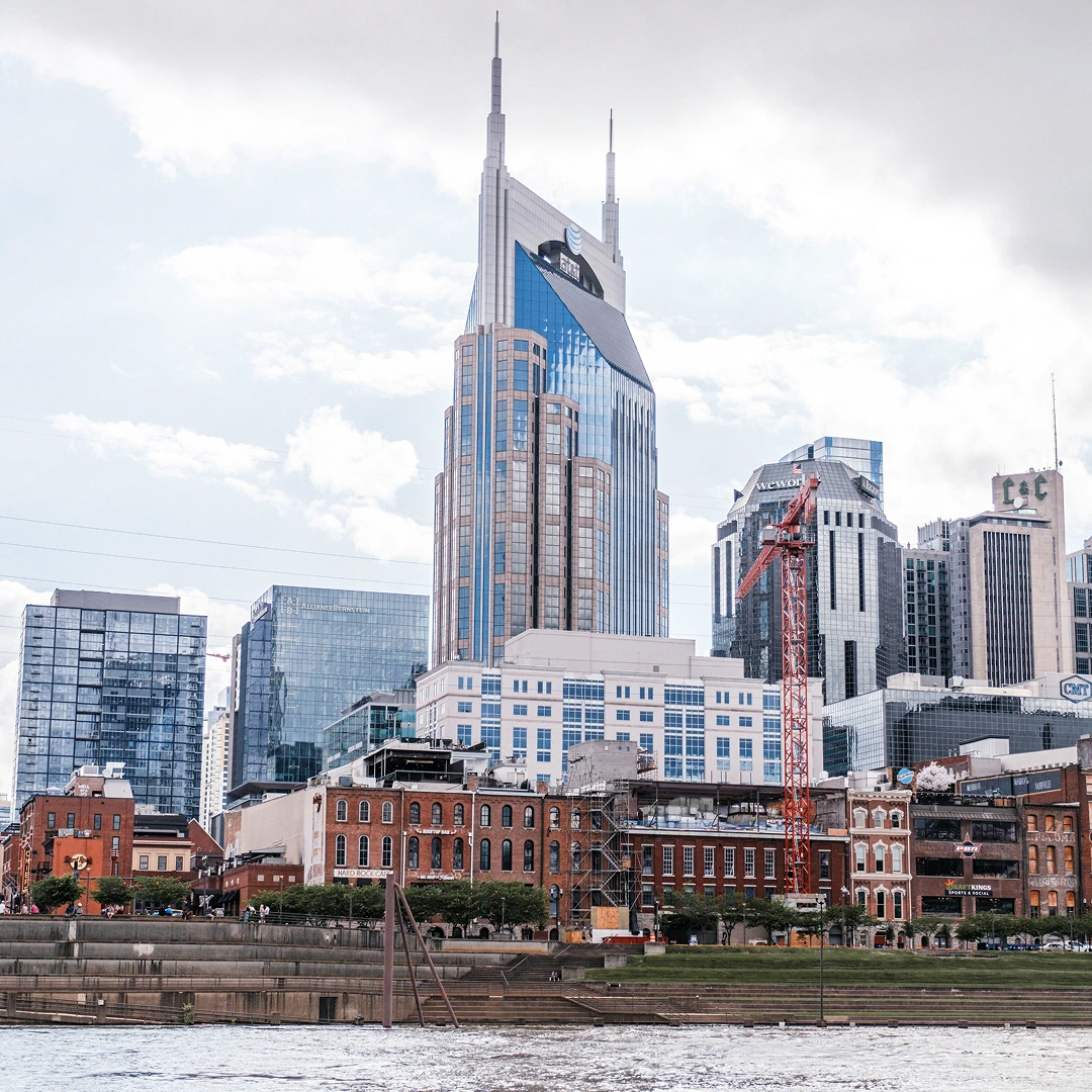 Nashville skyline with a mix of historical buildings and modern skyscrapers
