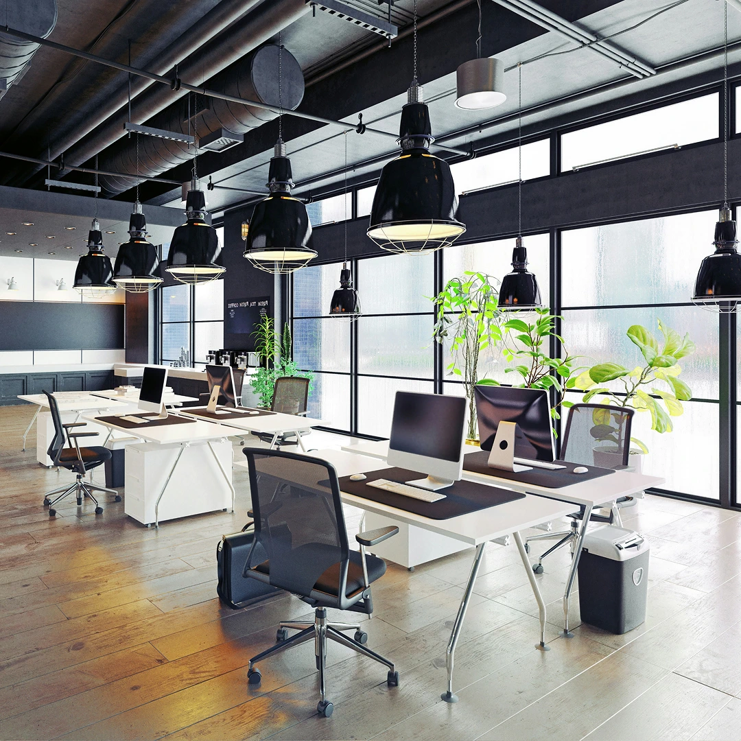 Bright and spacious financial call center with many workstations