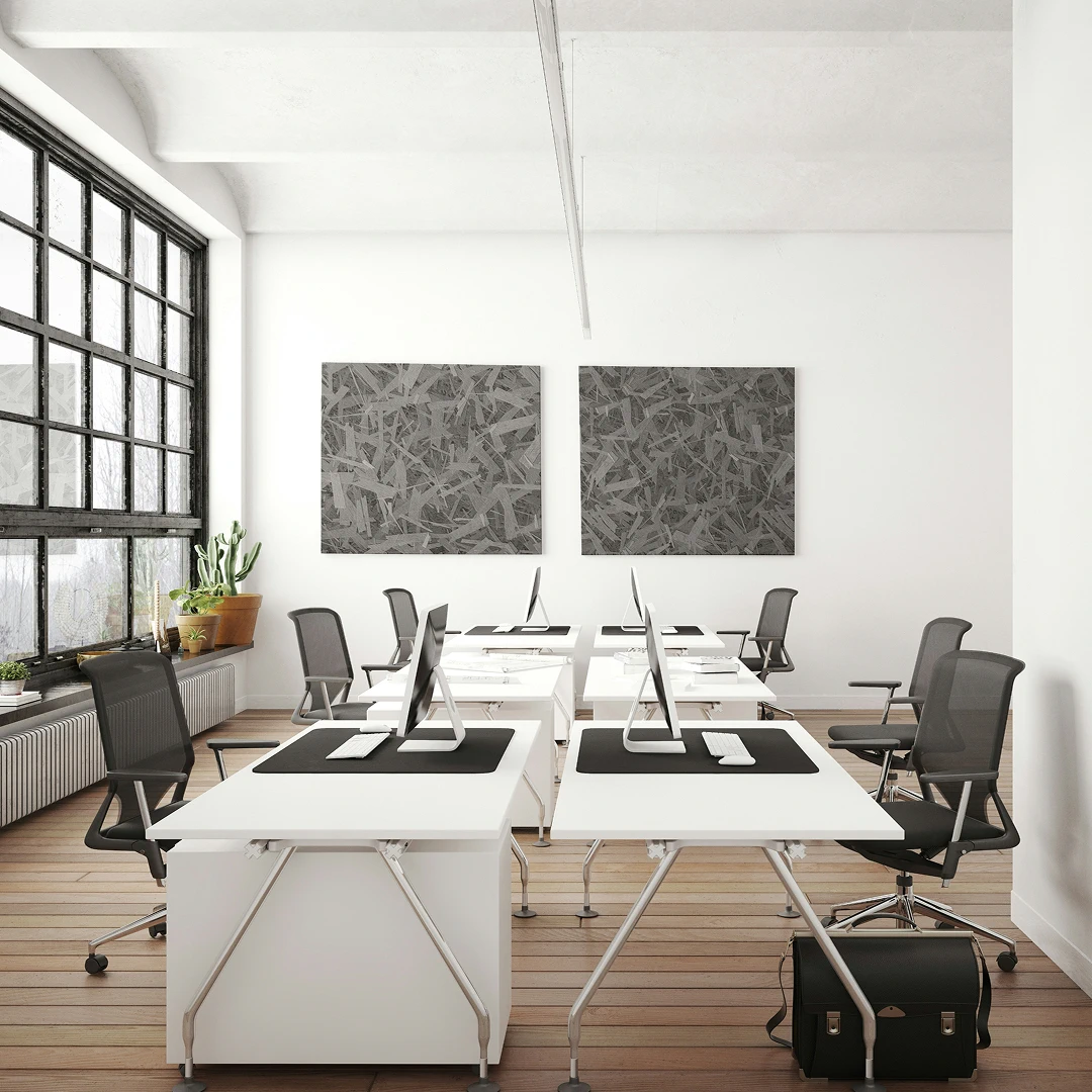 Bright, modern open-space call center in Indianapolis with desks and computers