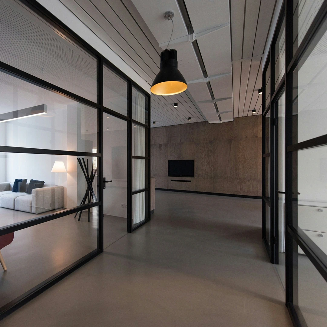 Modern call center interior with glass walls