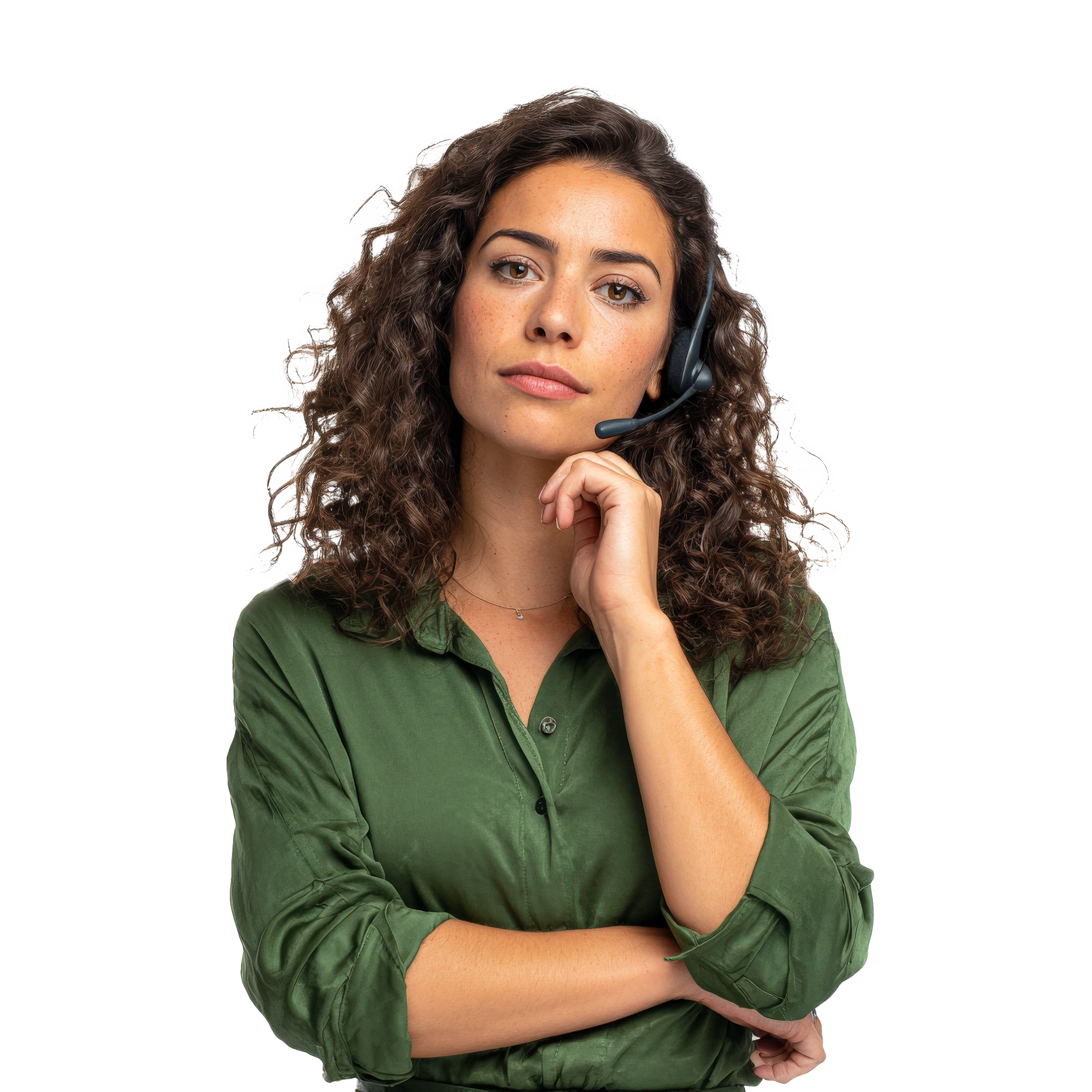 LATAM call center agent wearing a headset and a green shirt, contemplating