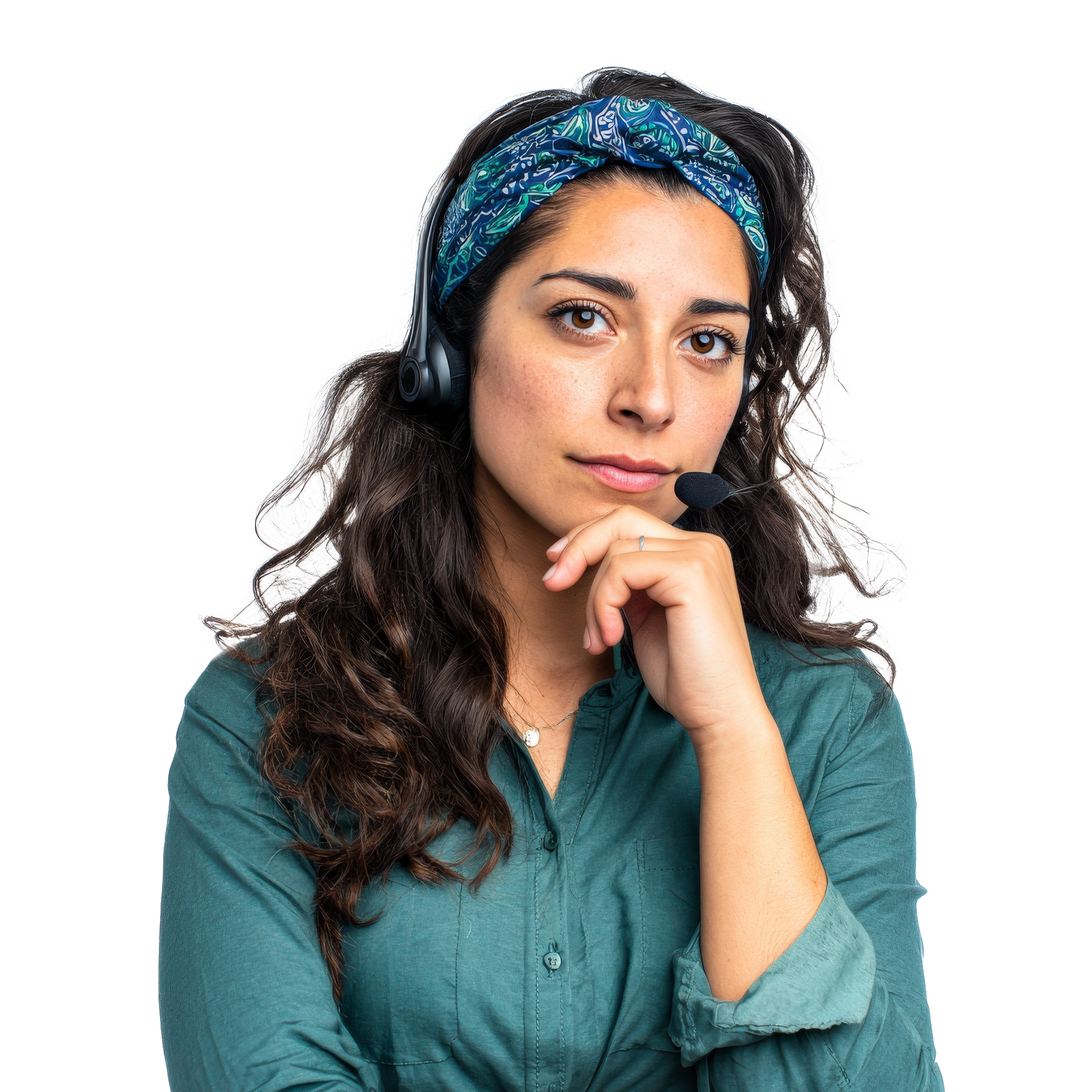 Customer support representative woman with dark curly hair wearing a teal headband and headset