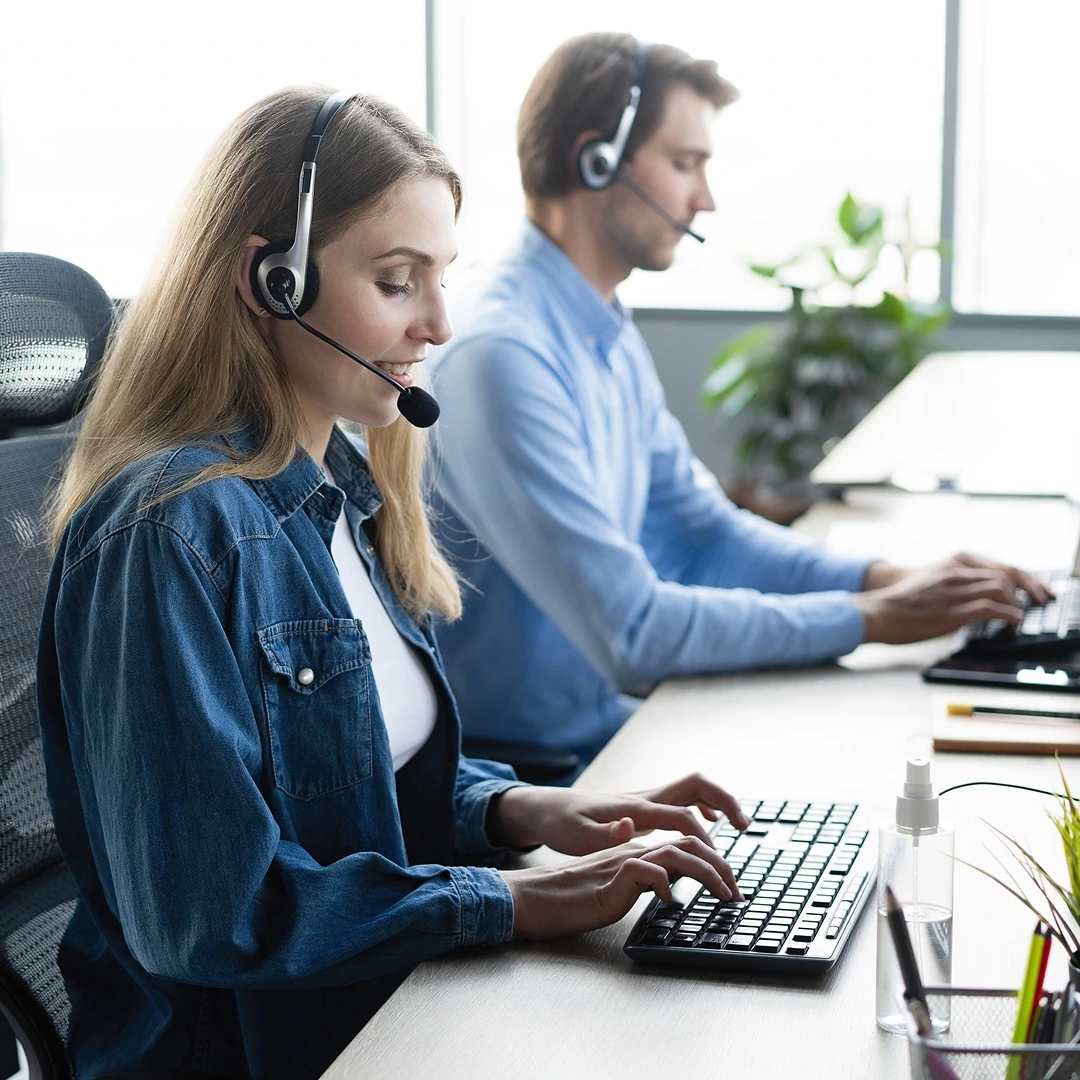 Busy call center representatives focused on customer service