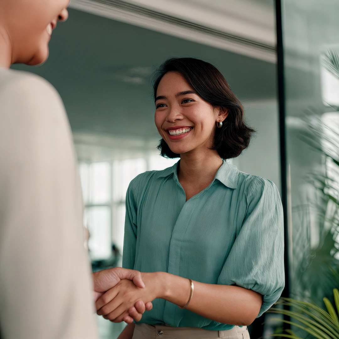 Smiling woman in a green shirt shaking hands with a colleague in a modern office