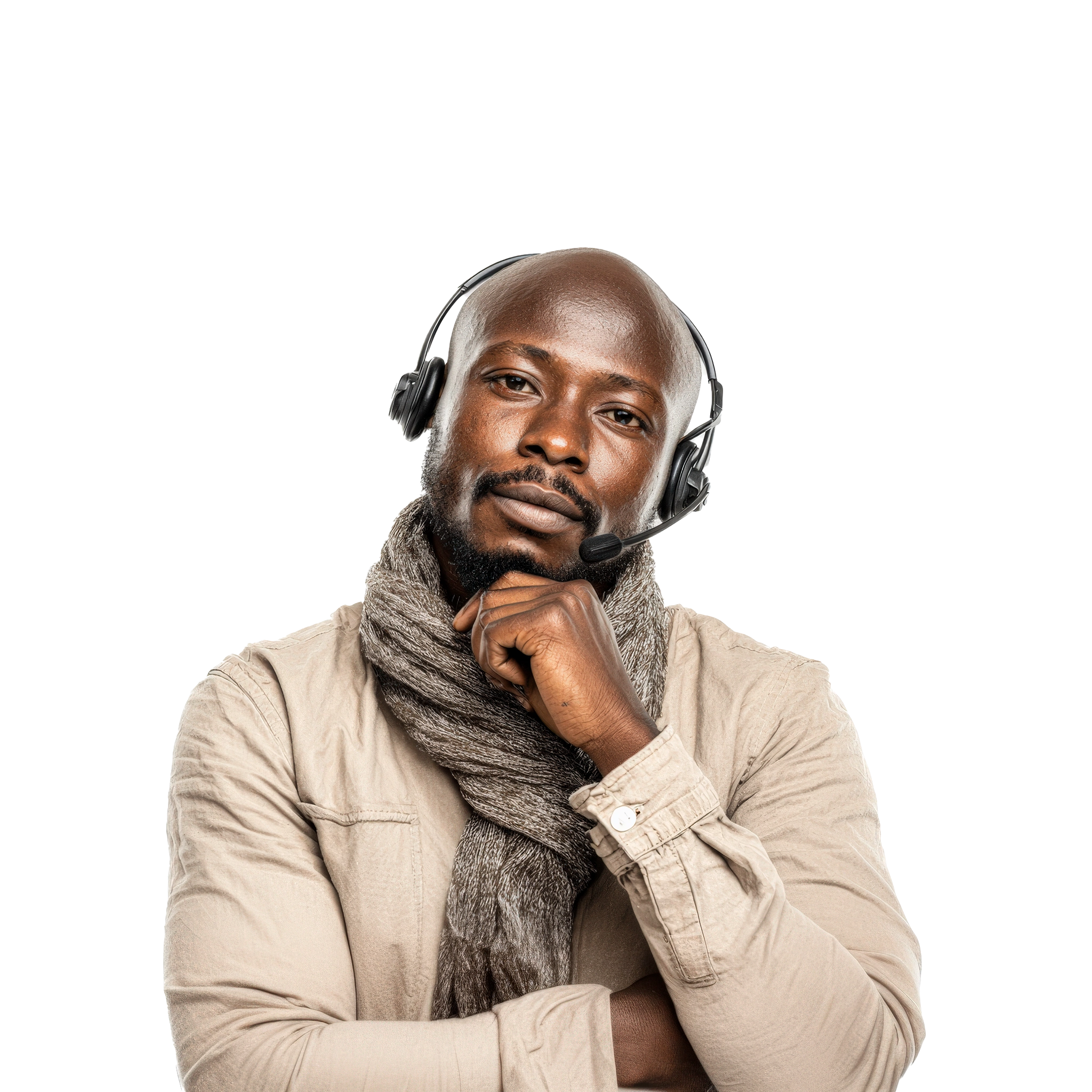 A man in a gray shirt and scarf, wearing a headset, is a customer support representative in South Africa.