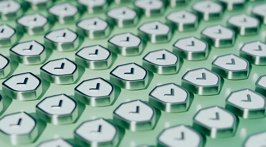 Numerous checkmark icons, each with a silver border and white interior, arranged in a grid pattern on a pale green surface.