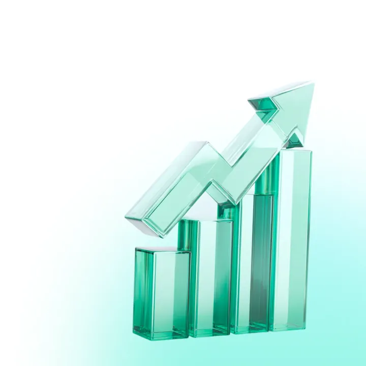 Bar graph with an upward arrow on a turquoise and white background.