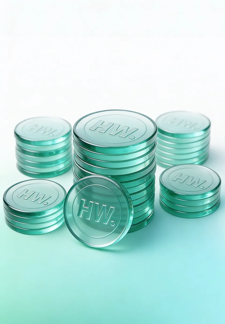 Several stacks of transparent coins, each with the "HW" logo, on a green and white gradient background.