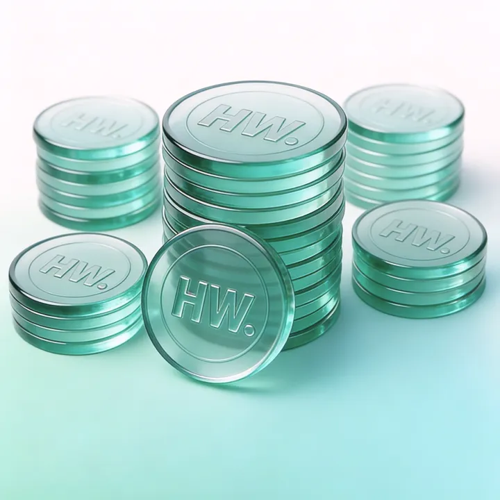 Several stacks of coins, each with the "HW" logo, on a green and white gradient background.