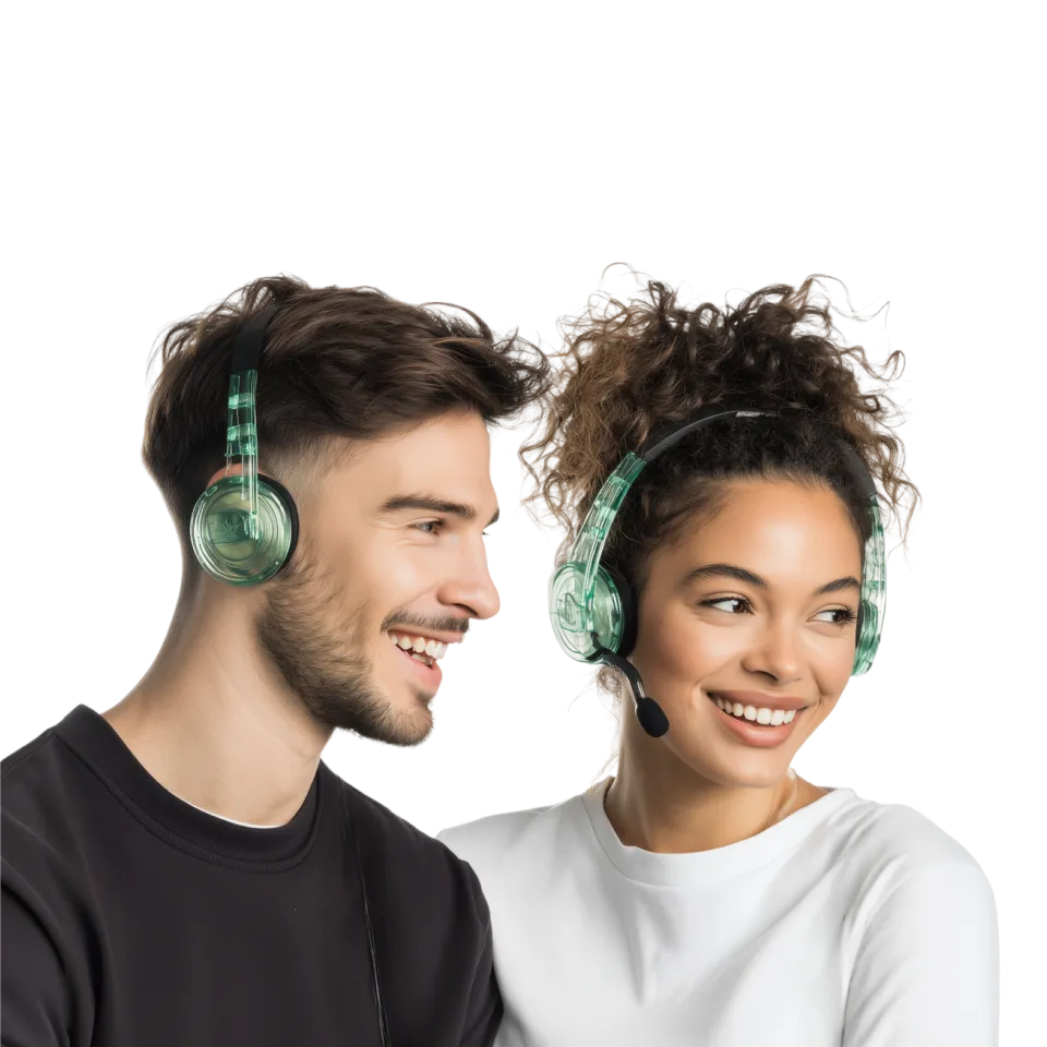 Smiling man and woman wearing headsets, ready to assist customers