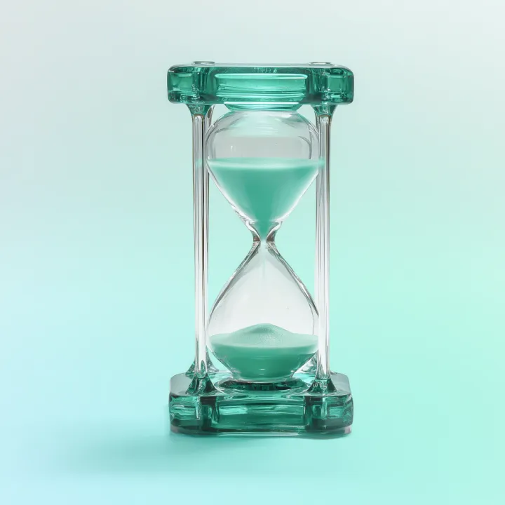 An hourglass with a transparent frame and white sand, on a light blue-green background.