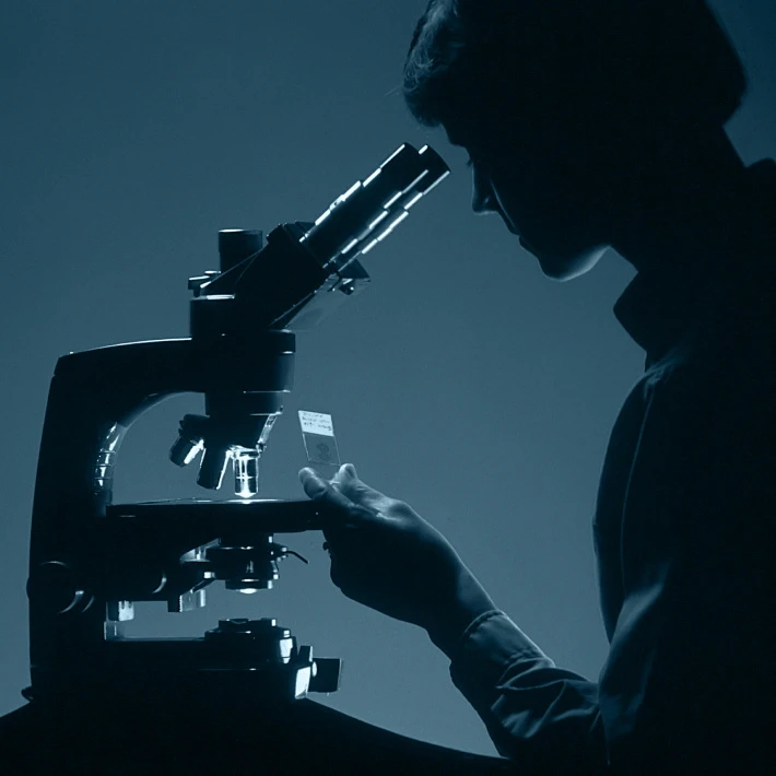a pharma worker looking at something under a microscope