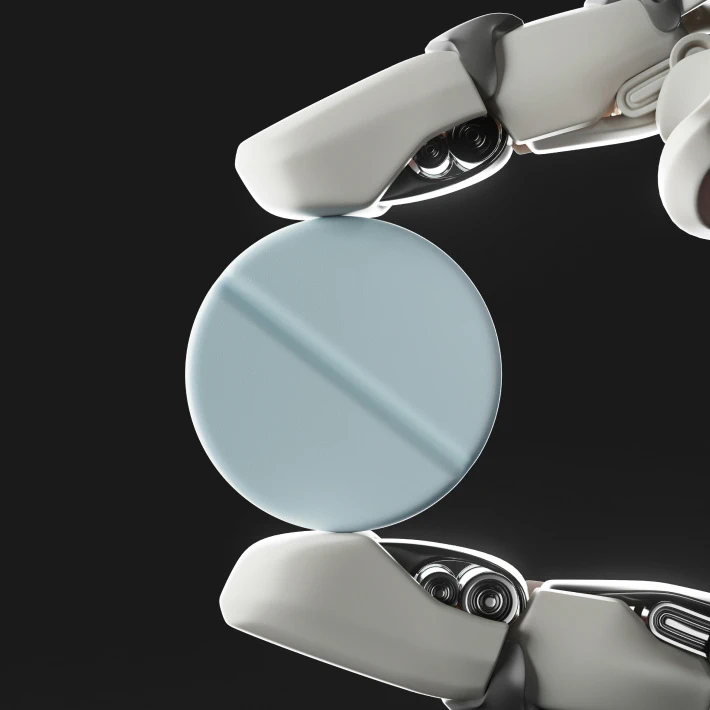 robo hand holding a turquoise pill