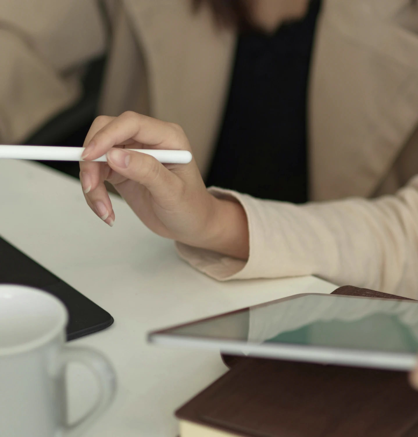 a female expert with a stylus pen pointing at something on a laptop screen